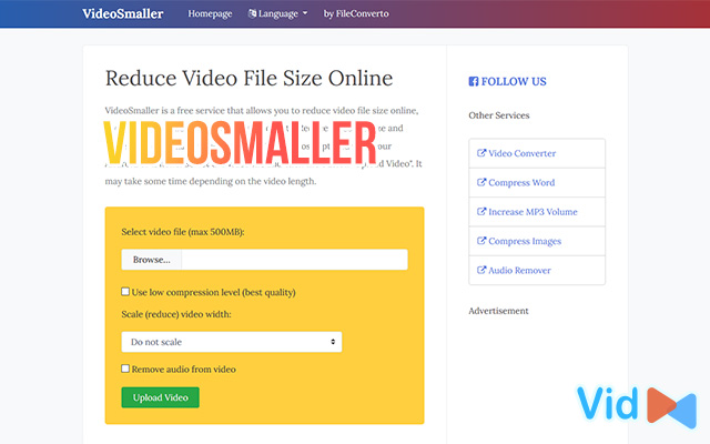 VideoSmaller lets you reduce size of video online free